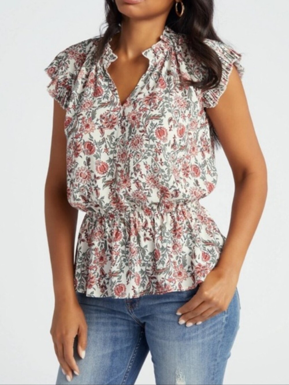 Voy Pleated Sleeve Floral Peplum Top